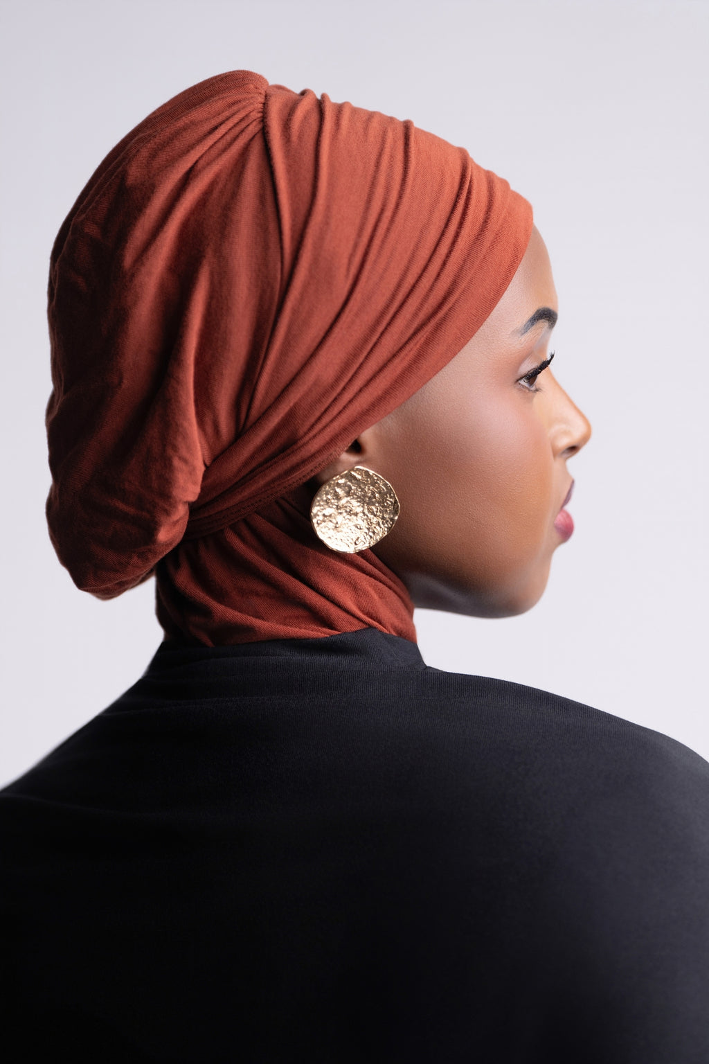 DuoWear 2-in-1 Hijab side view, showing the gathered turban wrap and full coverage at the back of the neck