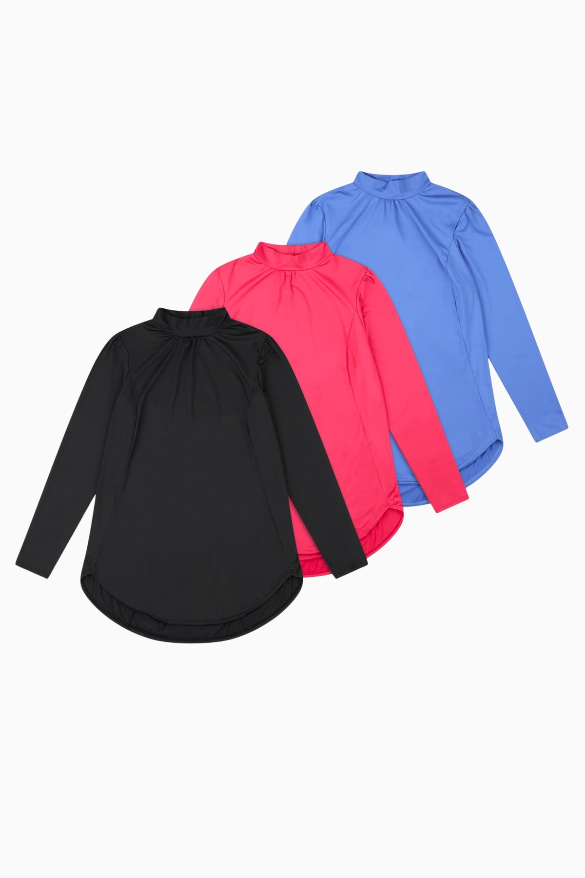 Limitless ruched top in Black, Hot Pink, and Periwinkle, laid flat