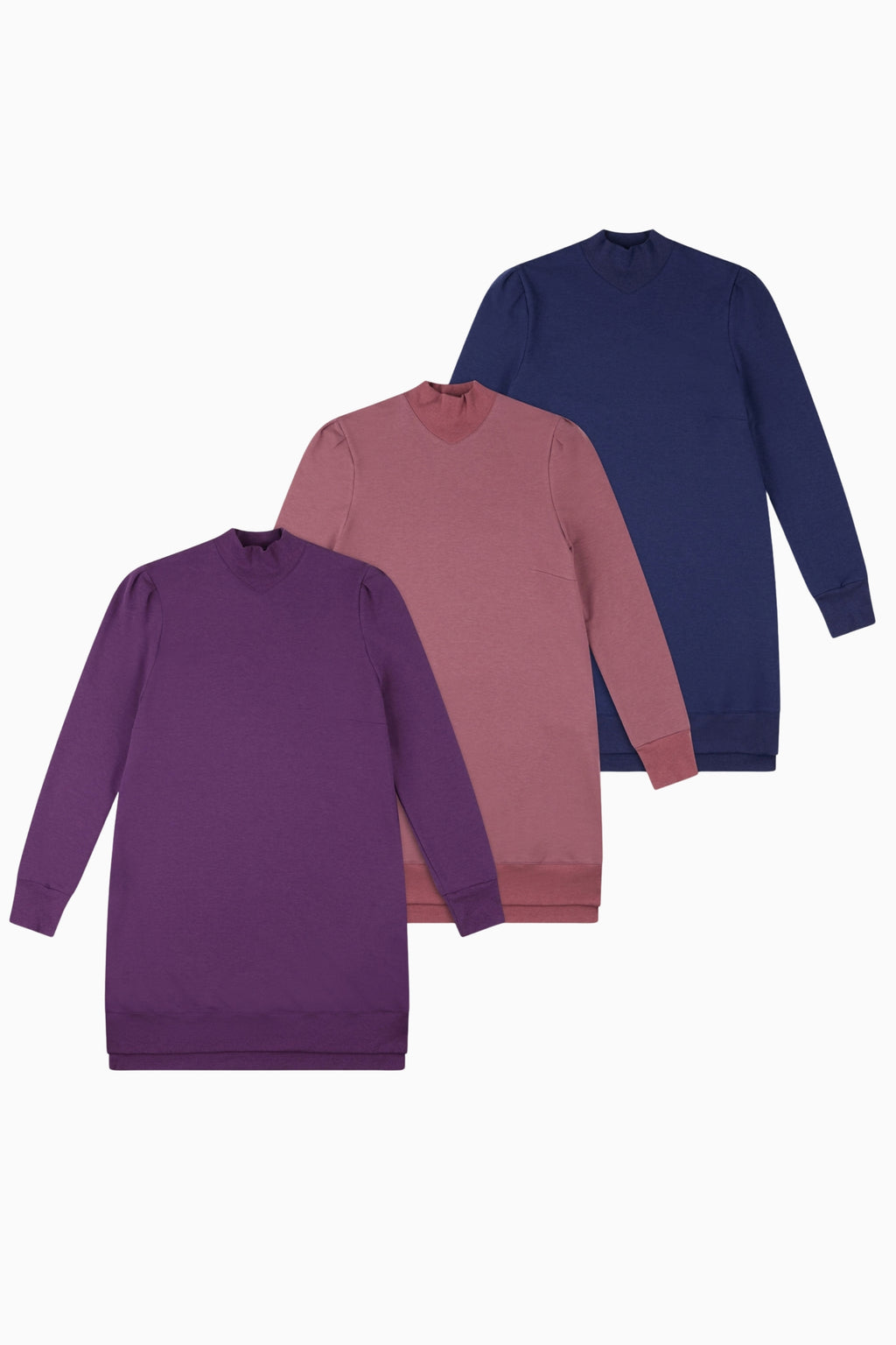 Revive Fleece Pullover in Berry Purple, Mauve Rose, and Navy, laid flat